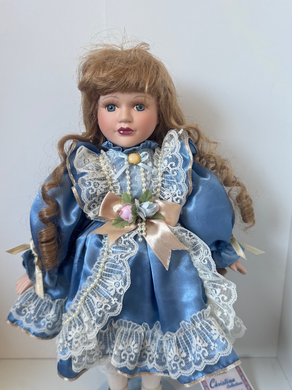 Christina Blue Satin Porcelain Doll with Lace Trim and Ribbon Rose